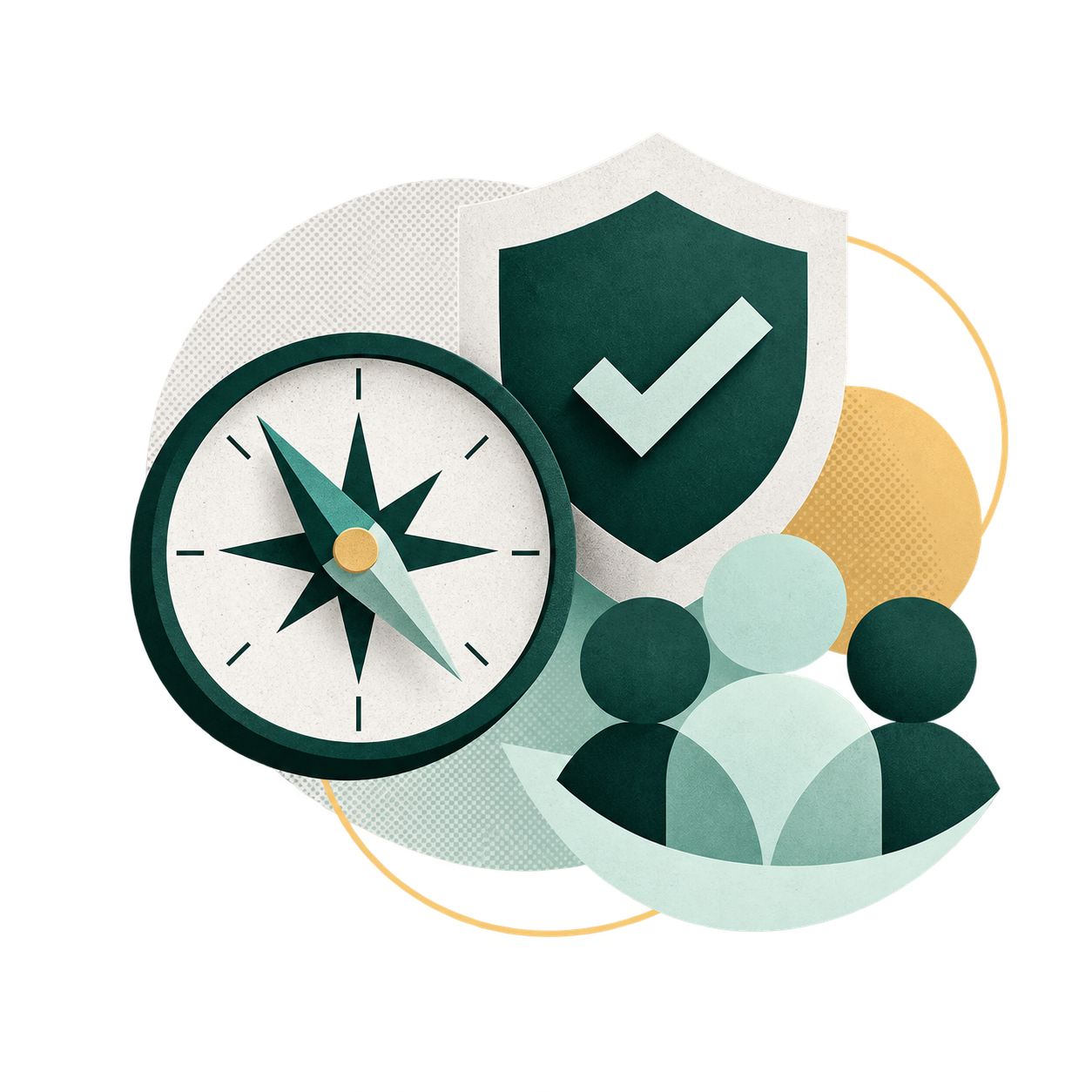 Illustration of a compass, a shield with a tick and a group of people